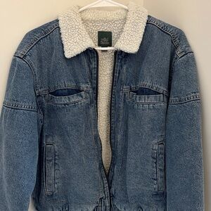 Wild Fable Blue Denim Bomber Jacket with White Sherpa Collar
